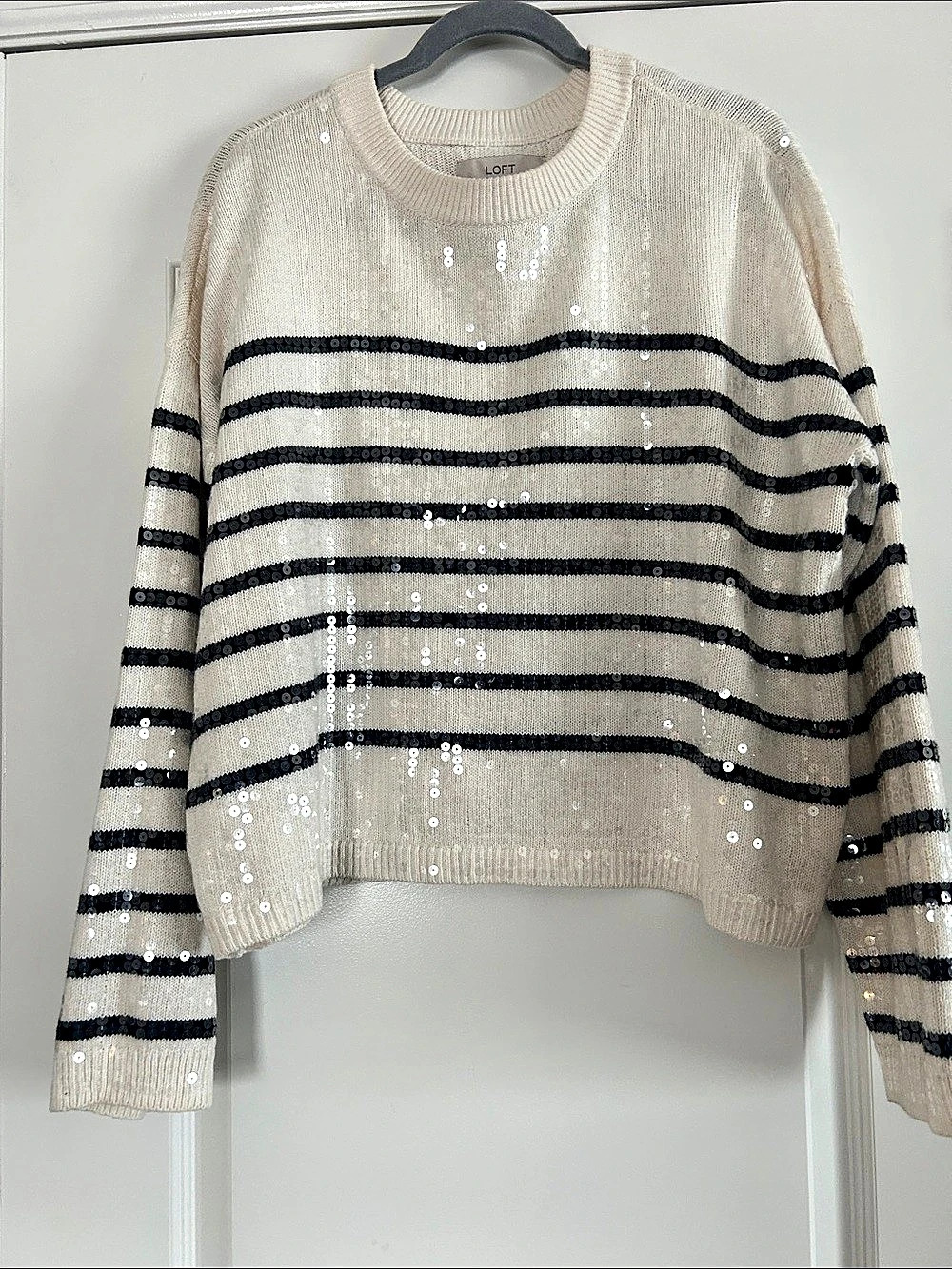 LOFT Striped Sequin Sweater in Cream & Black Size Large Like New